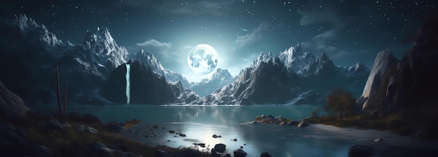 Księżyc w pełni nad jeziorem z górami i jeziorem