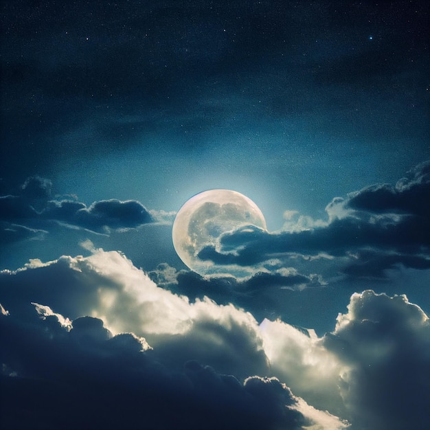 Księżyc w pełni w chmurach nocnego nieba w tle sztuki cyfrowej