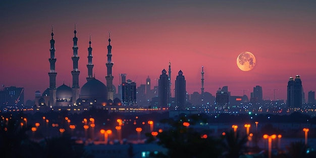Zdjęcie księżyc w pełni wschodzi nad krajobrazem miast na bliskim wschodzie