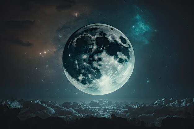Księżyc w pełni z chmurami i gwiazdami na nocnym niebie Generatywna sztuczna inteligencja