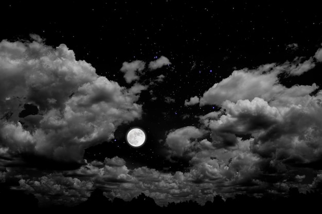Księżyc W Pełni Z Gwiaździstymi I Chmurami. Romantyczna Noc.