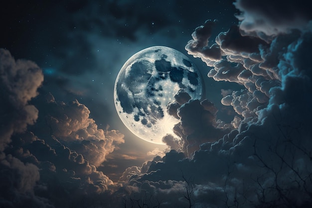 Księżyc w pełni z widocznymi chmurami i świecącymi gwiazdami na niebie