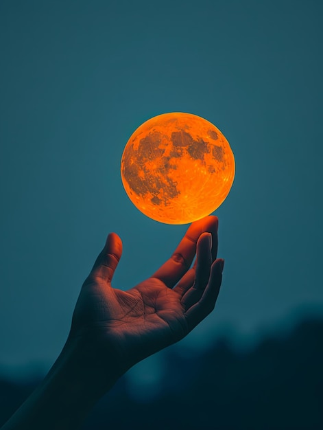 Księżyc w ręku świeci pomarańczowym światłem od wewnątrz