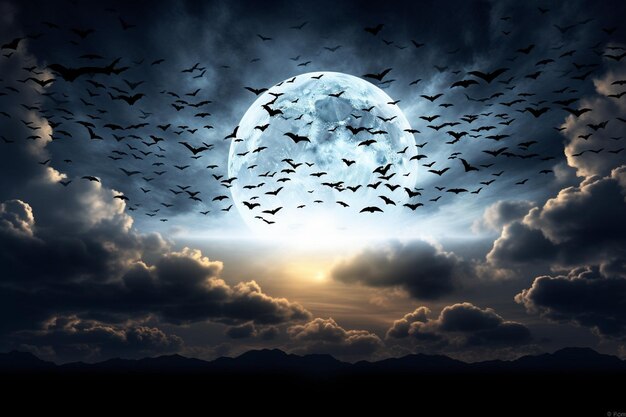 Zdjęcie księżyc z latającymi nietoperzami na tle nieba