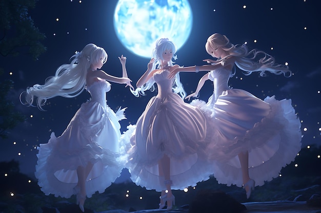 Księżycowa elegancja Harmonijny taniec dziewczyn z anime w nocy