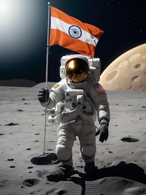 Księżycowy astronauta chodzi po Księżycu z indyjską flagą wkłada ją na powierzchnię Księżyca i salutuje
