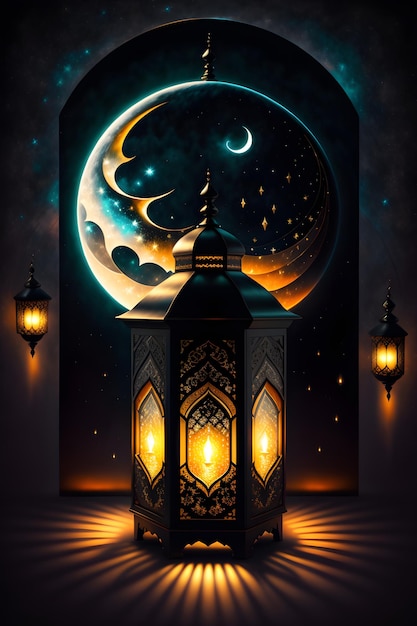 księżycowy meczet i islamska latarnia świecą w niebiańskiej nocy Ramadanu z łukiem i gwiazdami