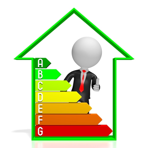 Zdjęcie kształt domu postaci z kreskówek i wykres wydajności zużycia energii ilustracja 3d
