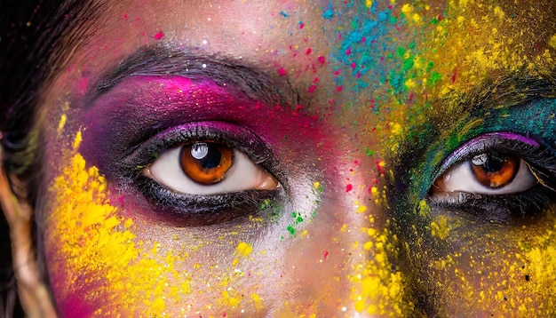 Kształt kobiecego oka z kolorowym makijażem Piękny model z kreatywnym makiażem artystycznym szczęśliwy holly art