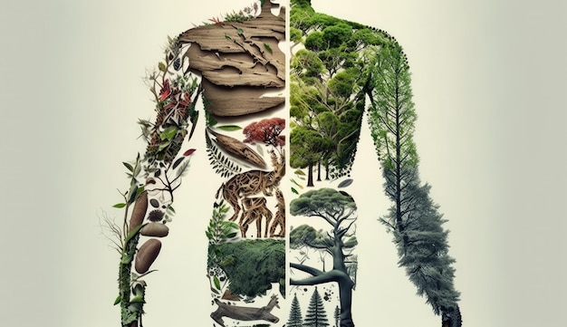 Kształt ludzkiego ciała wykonany ze świata zielonego środowiska leśnych roślin drzewiastych zwierzęcych Generative Ai