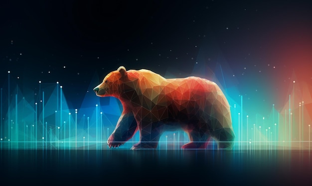 Kształt niedźwiedzia za pomocą linii i kropek wielokąta nad futurystycznym oświetleniem giełdy