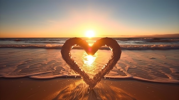 Kształt serca plaża i zachód słońca symbol romantycznych podróży Generatywne ai