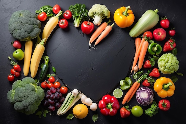 Kształt serca przez różne warzywa i owoce na czarnym kamiennym tle