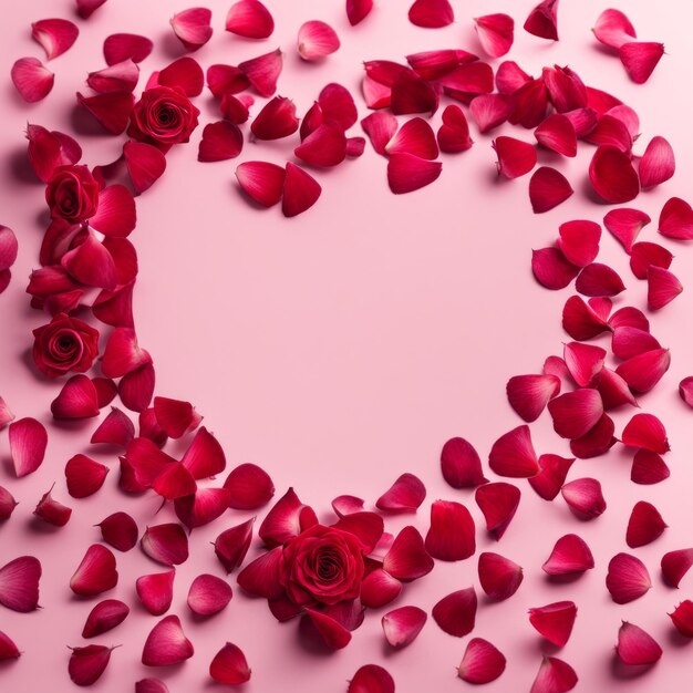 Kształt serca stworzony w rozrzuconych różowo-czerwonych płatkach róży