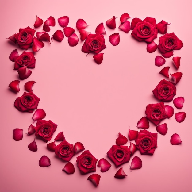 Kształt serca stworzony w rozrzuconych różowo-czerwonych płatkach róży