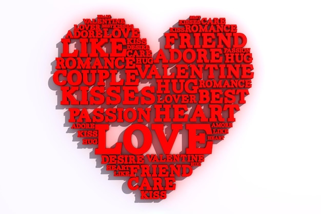 Kształt serca wykonany ze słów miłości Walentynki renderowania 3D