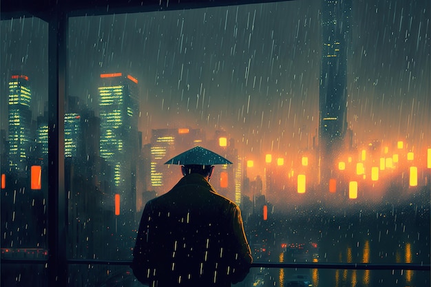 Ktoś patrzy na cyfrową sztukę Scifi miasta w deszczową noc