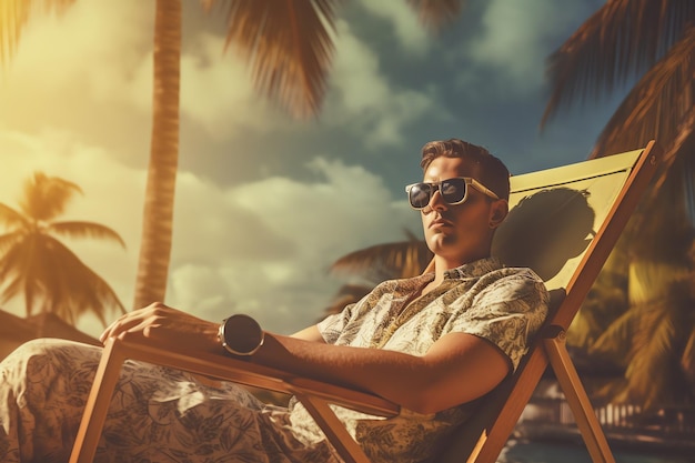 Ktoś relaksuje się na krześle plażowym z okularami przeciwsłonecznymi na realistycznym tropikalnym tle