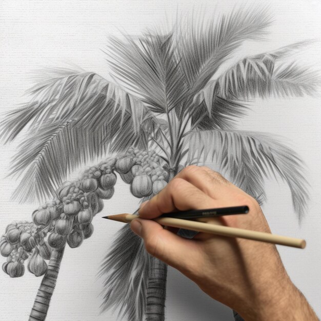 Zdjęcie ktoś rysuje palmę ołówkiem na białym papierze generatywny ai
