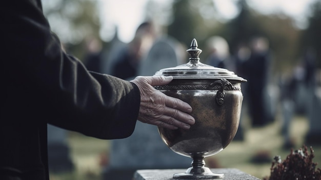 Zdjęcie ktoś trzyma srebrną urnę na cmentarzu z innymi ludźmi w tle generatywny ai