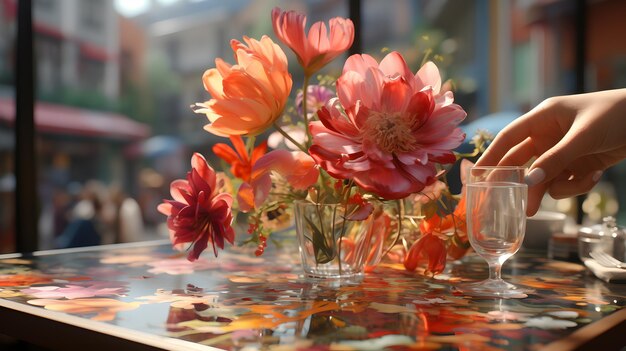 ktoś umieszcza szklankę w wazonie z kwiatami na stole Generatywna sztuczna inteligencja