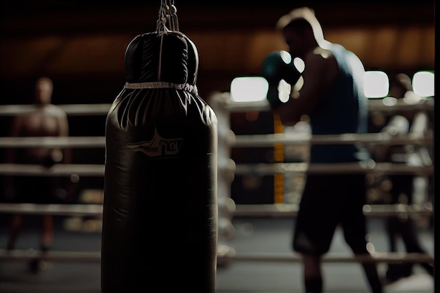 Ktoś z workiem treningowym w rękawicach bokserskich na siłowni, stworzony za pomocą generatywnej sztucznej inteligencji