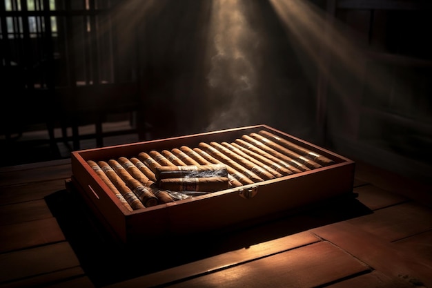 Kubańskie pudełko cygar z esencją na drewnianym stole Atmosferyczna atmosfera Generująca sztuczna inteligencja