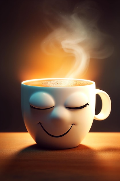 Kubek do kawy z twarzą z napisem „szczęśliwa kawa”.