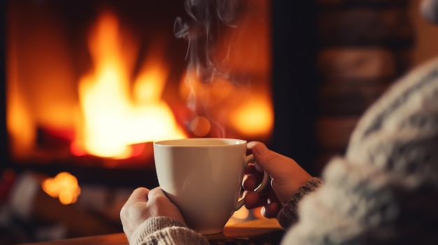 kubek gorącej czekolady lub kawy przy świątecznym kominku Kobieta relaksuje się przy ciepłym ogniu