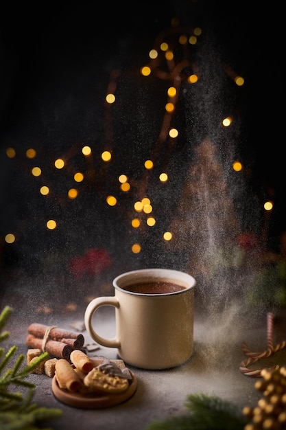 Kubek gorącej czekolady otoczony świątecznymi dekoracjami