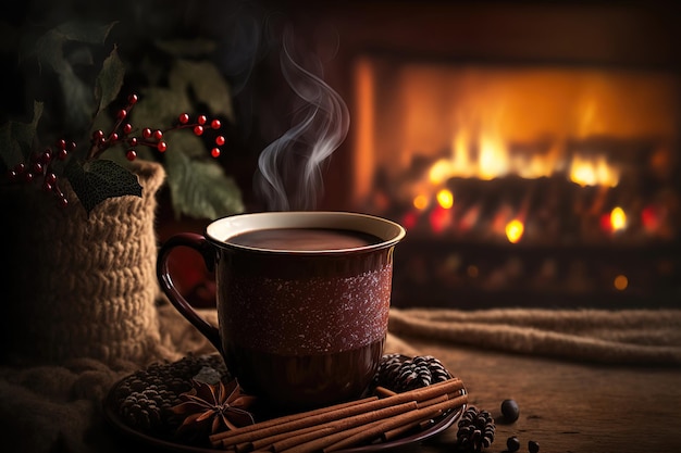 Kubek gorącej czekolady z cynamonem jest na stole przed płonącym kominkiem Świąteczny nastrój komfortu w domu ilustracja 3d