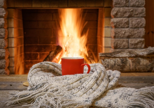 Kubek herbaty i wełniana rzecz przy przytulnym kominku w wiejskim domu ferie zimowe lub jesienne