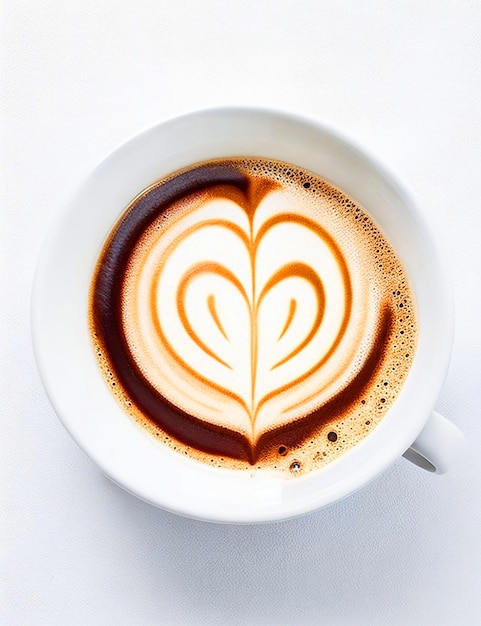 kubek kawy izolowany na białym tle z sztuką latte z ziarnami kawy wokół obrazu z góry