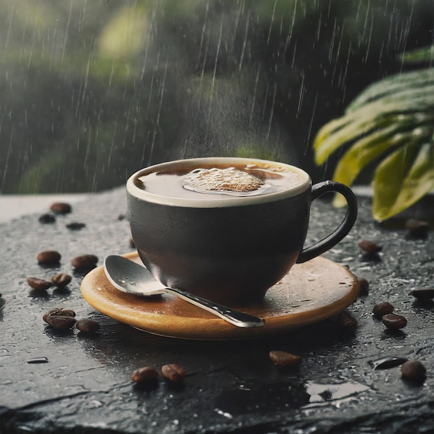Kubek kawy na czarnej powierzchni kamienia z deszczem na tle Ai Generated