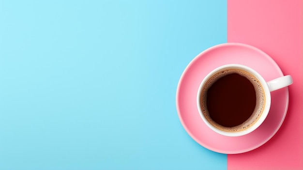 Kubek kawy na różowym i niebieskim tle Flat Lay AwardWinning