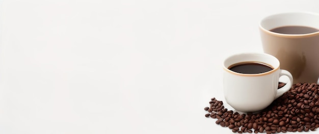 Kubek kawy na stole z ziarnami na białym tle AI generatywne