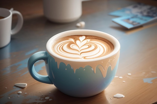 kubek latte z rysunkiem wykonanym z pianki mlecznej widok z góry ilustracja cyfrowego malarstwa