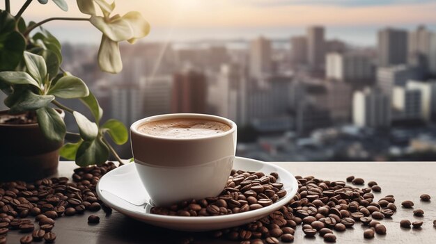 Kubek na talerzu wypełniony kawą, otoczony ziarnami kawy, kubek kawy, widok na miasto
