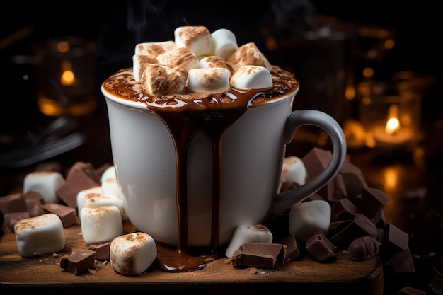 Kubek z gorącą czekoladą z roztopionym marshmallo i bałwankiem do posypania sezonowego napoju