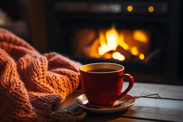 Zdjęcie kubek z kawą lub gorącą herbatą w wygodnym brązowym fotelu przed salonem z kominkiem