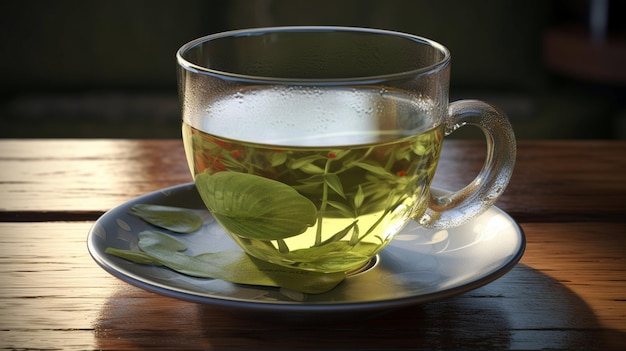 Kubek zielonej herbaty i szklane słoiki ze świeżymi liśćmi zielonej herbaty na drewnianym stole Generatywna AI