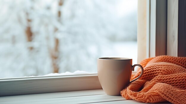 Zdjęcie kubek zimowego napoju i dzierżony szalik na oknie