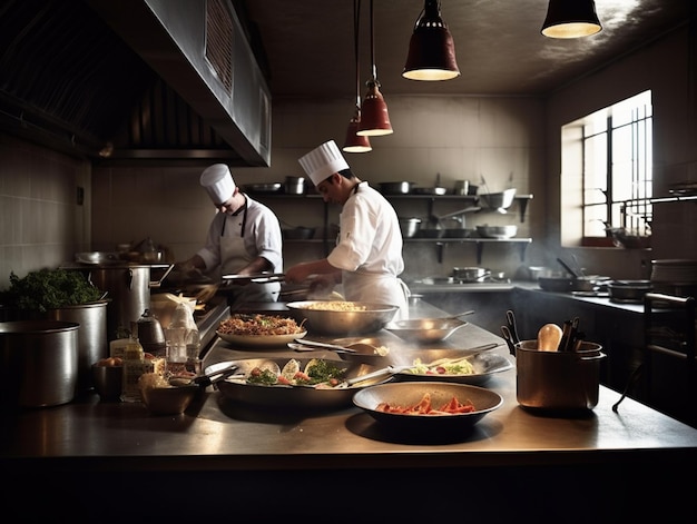 Kucharze pracujący w kuchni z czerwonym światłem zwisającym z sufitu