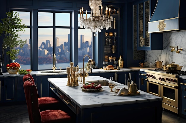 Zdjęcie kuchnia emanująca luksusem ściany w głębokim granatowym kolorze tworzą bogate tło dla złotych akcentów i marmurowych blatów