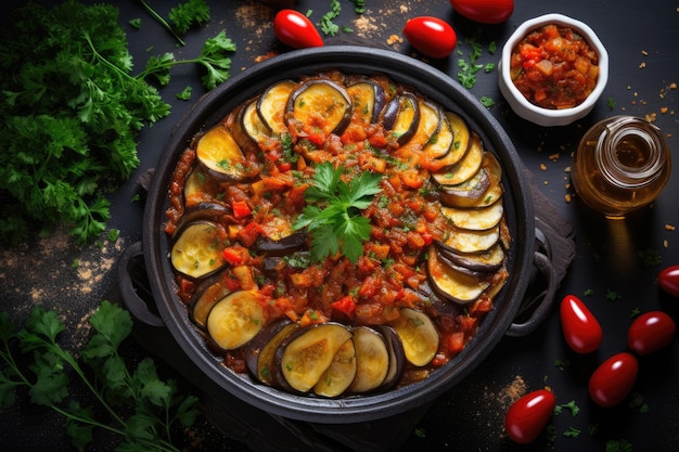 Kuchnia francuska Ratatouille gulasz warzywny z plastrami bakłażana cukinia cebula ziemniak i pomidory