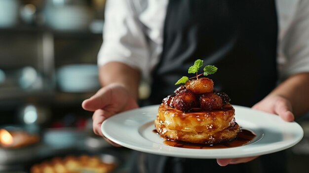 Kuchnia francuska Tarte Tatin z miejscem do kopiowania Kelner służący w ruchu na służbie w restauracji Kelner niesie naczynia