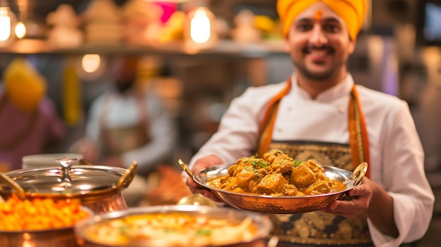 Zdjęcie kuchnia indyjska rogan josh kelner służący w ruchu na służbie w restauracji kelner niesie dishe