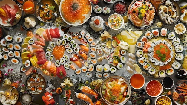 Kuchnia japońska Sushi i bułeczki na talerzu widok z góry