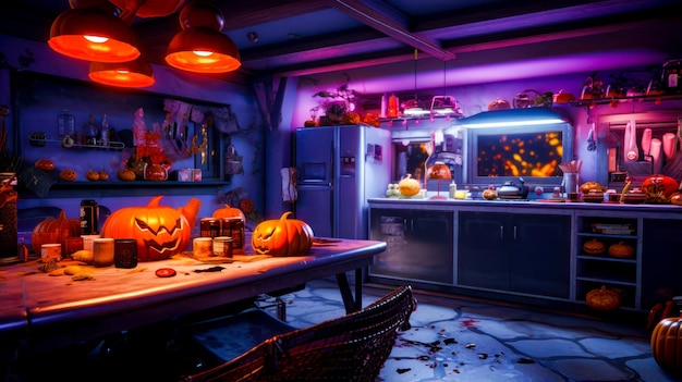 Kuchnia ozdobiona na Halloween z dyniami na stole i światłami na Generative AI
