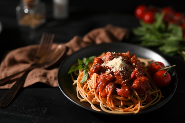 Kuchnia śródziemnomorska Włoski domowy makaron spaghetti z czerwonym sosem pomidorowym i parmezanem